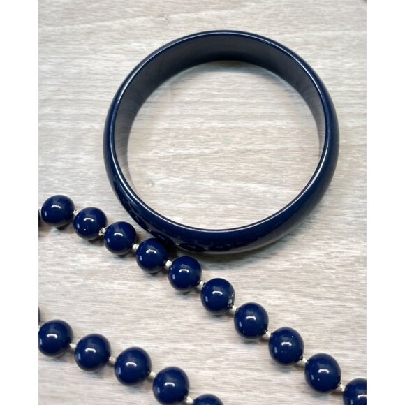Vintage Navy Blue Beaded Necklace & Bangle Bracelet Set - Picture 6 of 8